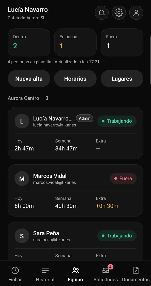 Pantalla de equipo de la app: quién está dentro, en pausa o fuera, con las horas de hoy y de la semana de cada persona