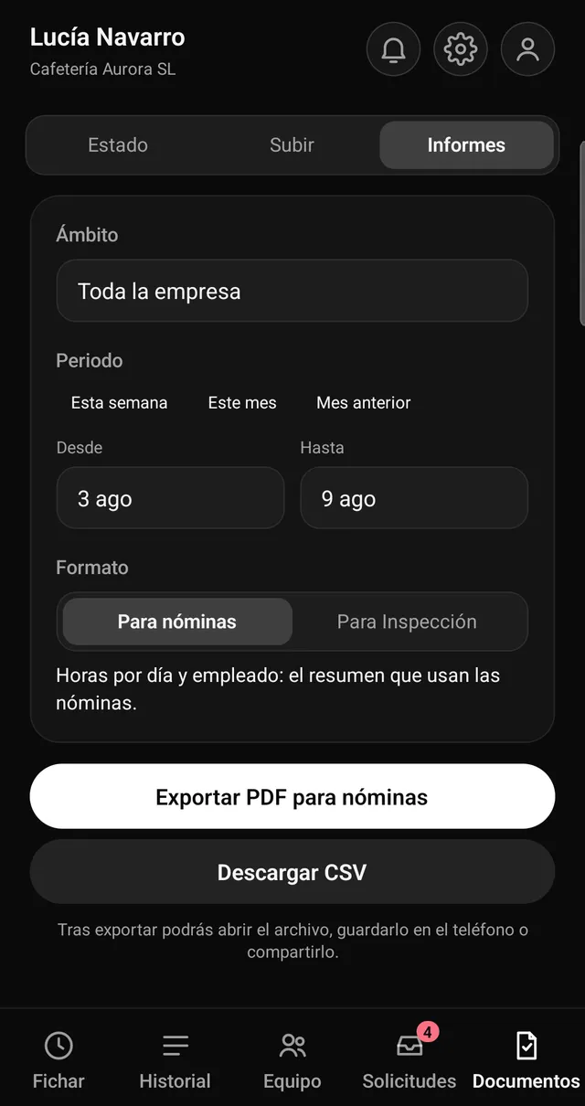Pantalla de informes de la app: periodo y formato elegidos y exportación a PDF o CSV