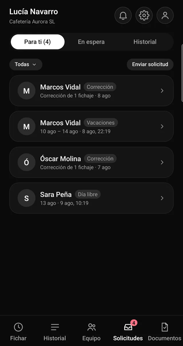 Bandeja de solicitudes de la app: correcciones y días pedidos, con su estado de aprobada o rechazada